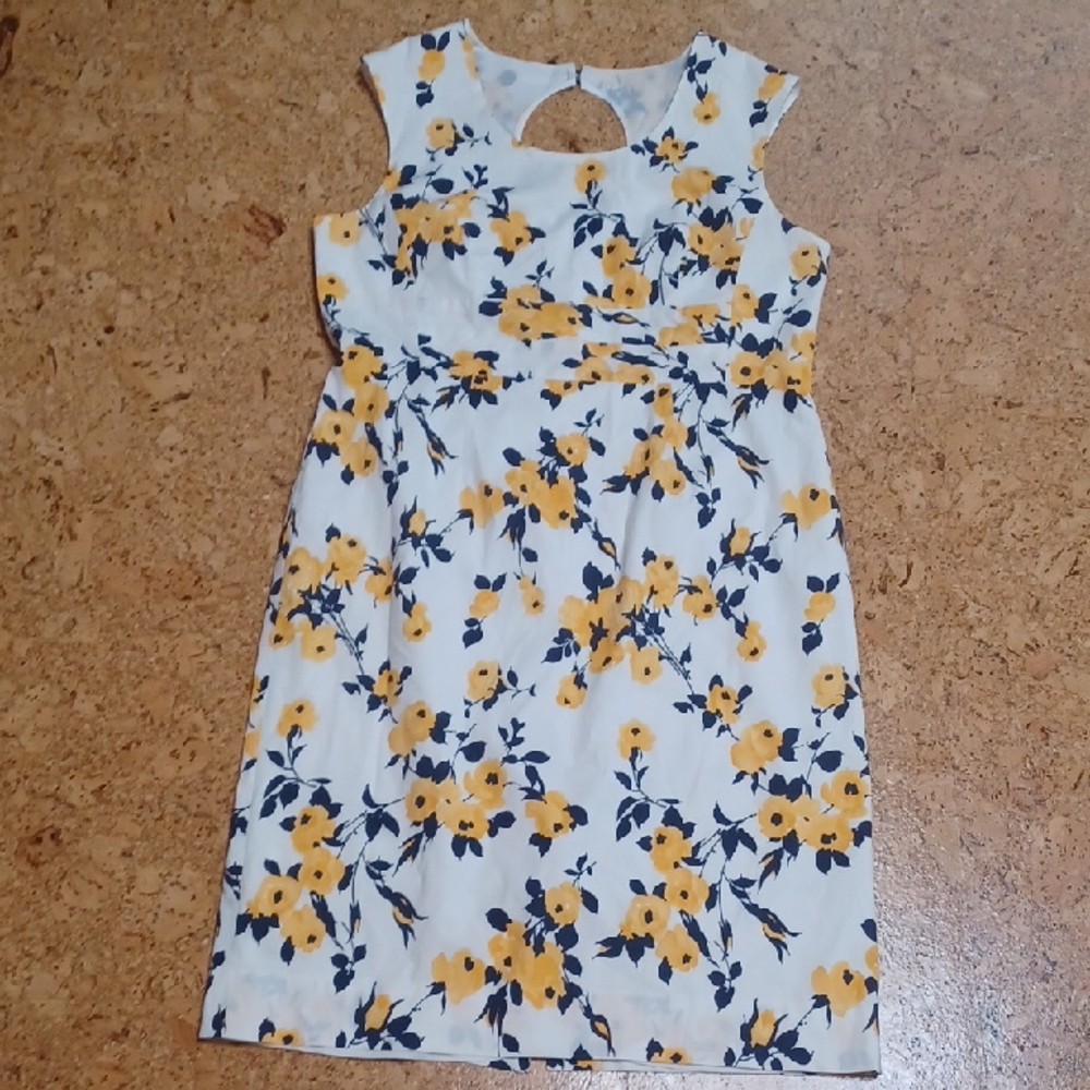 J Peterman Yellow & Black Floral Cotton Lined Midi Sheath Dress Size 14